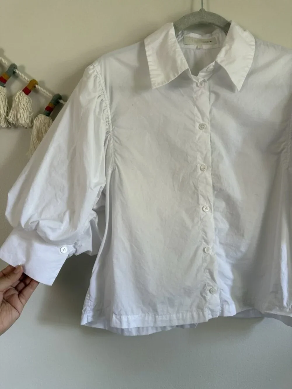Zara White Puff Sleeve Button Down Collared Top Cotton Modest Preppy Minimalist